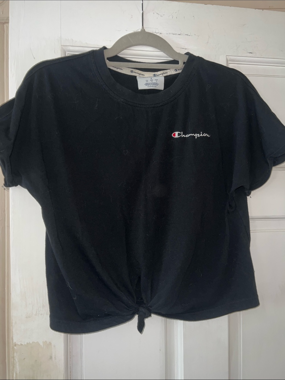 Champion Black Knot-Front Crop Tee with Script Logo
